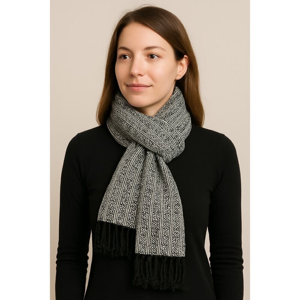TerryO Handwoven Scarf Black White Fringe Geometric Unisex One Size